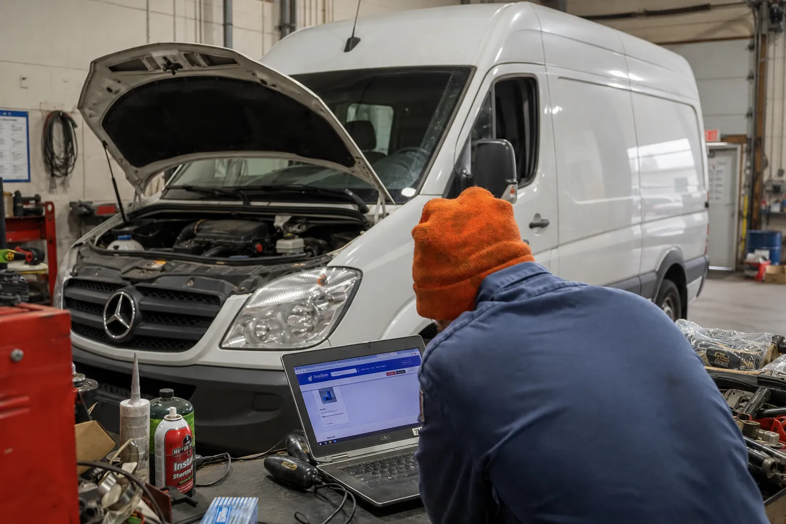 Mercedes Sprinter van diagnostics performed by a Tulsa Fleet Repair technician