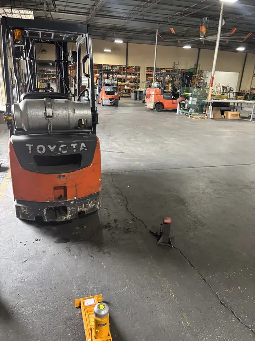 Toyota forklift serviced inside the Tulsa Fleet Repair shop